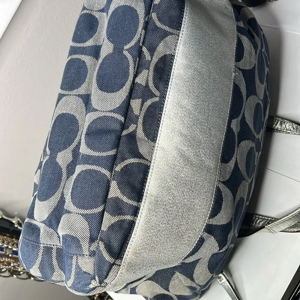 Coach XL Denim Blue and Silver Leather Zip Top Diaper Tote Travel Bag